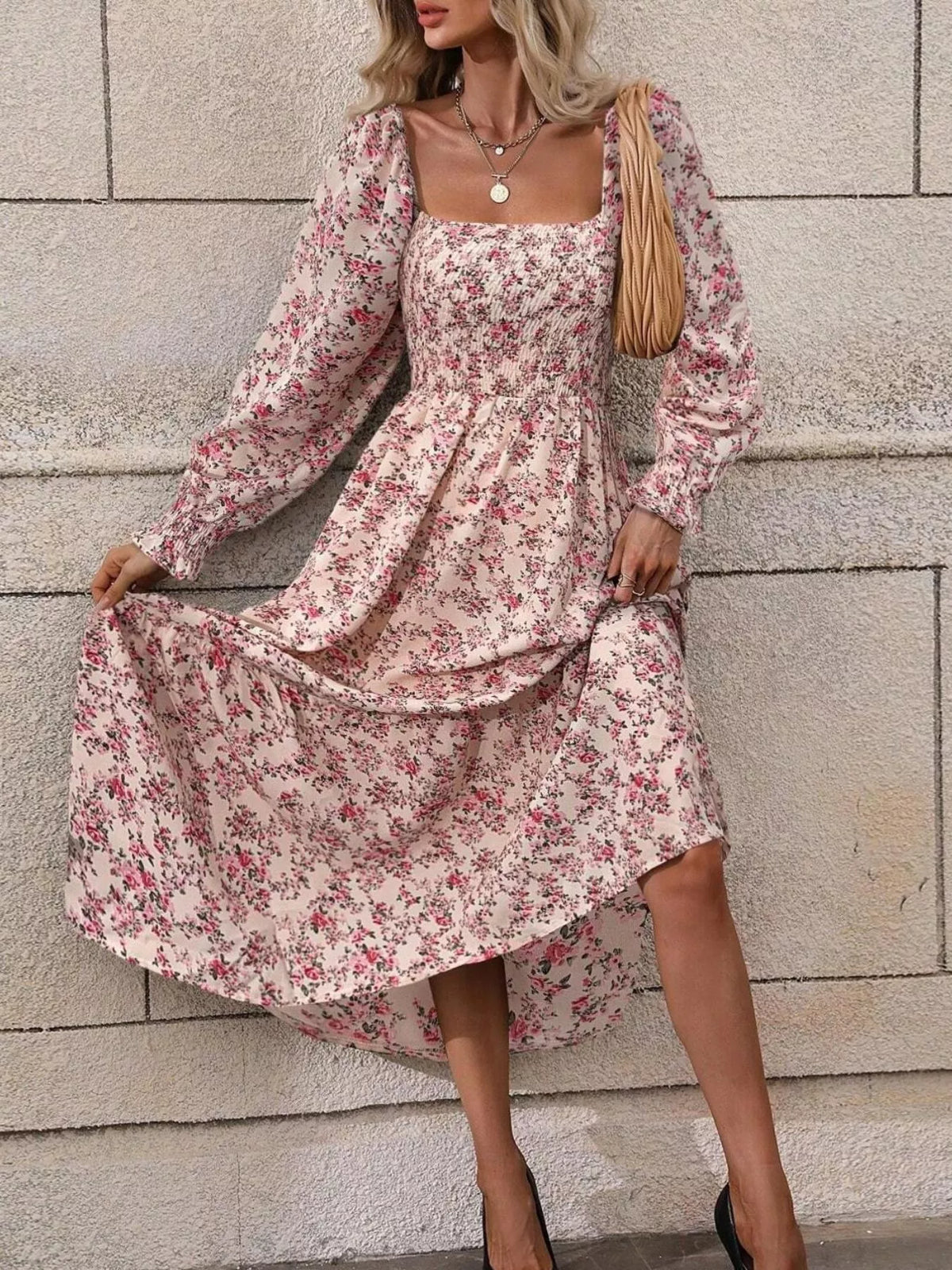Floral Print Square Neck Smocked Midi Dress - alternate view 2