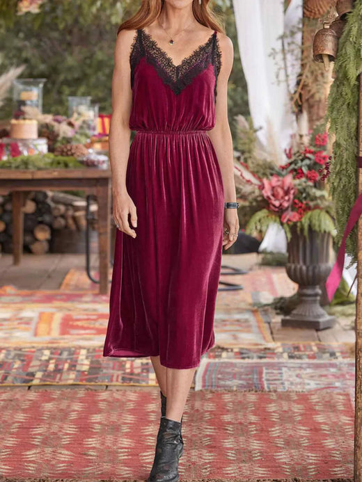 Velvet Cami Lounge Dress with Lace Trim