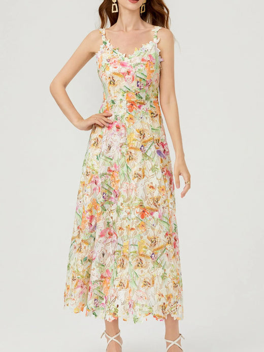 Floral Lace Sleeveless V-Neck Midi Dress - alternate view 3