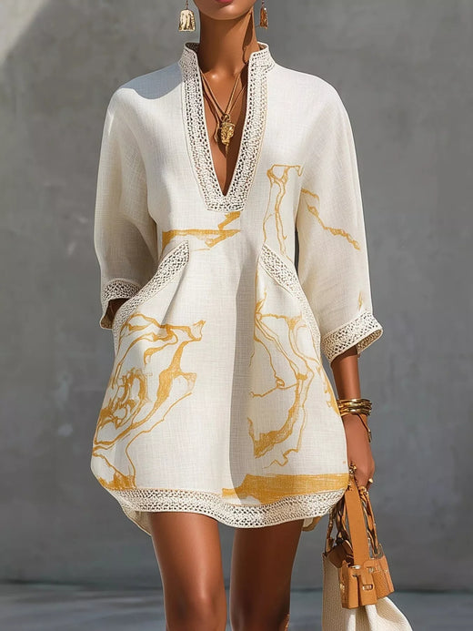 Notched 3/4 Sleeve Mini Dress
