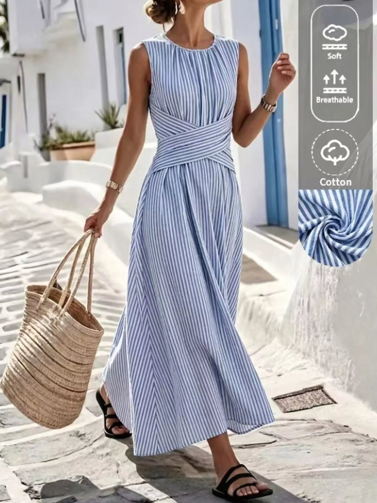 Full Size Sleeveless Striped Maxi Dress with Criss-Cross Waist Detail Plus Size - alternate view 2