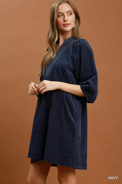 Corduroy V-Neck Puff Sleeve Shift Dress with Pockets - alternate view 2