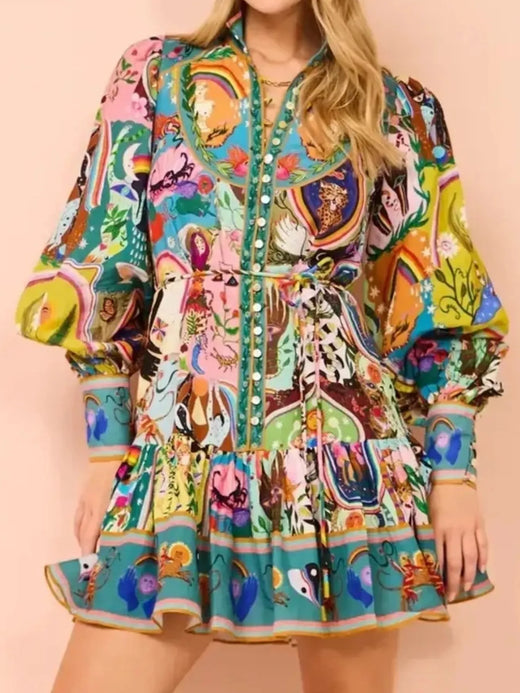 Printed Long Sleeve Mini Dress with Belt - alternate view 4