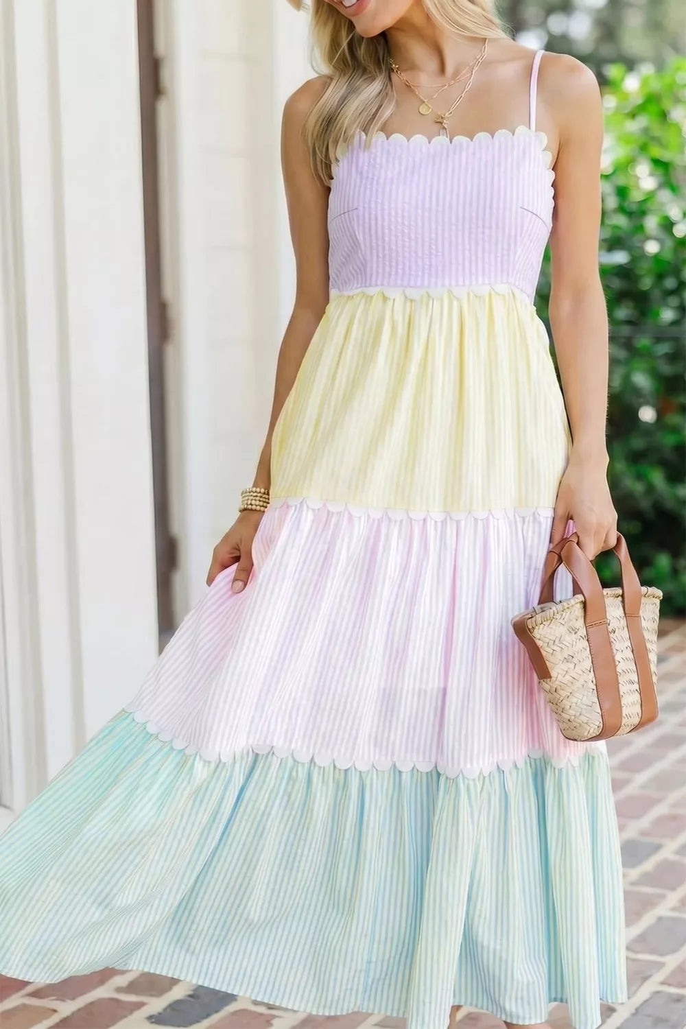 Striped Colorblock Adjustable Strap Scalloped Detail Long Dress - alternate view 3