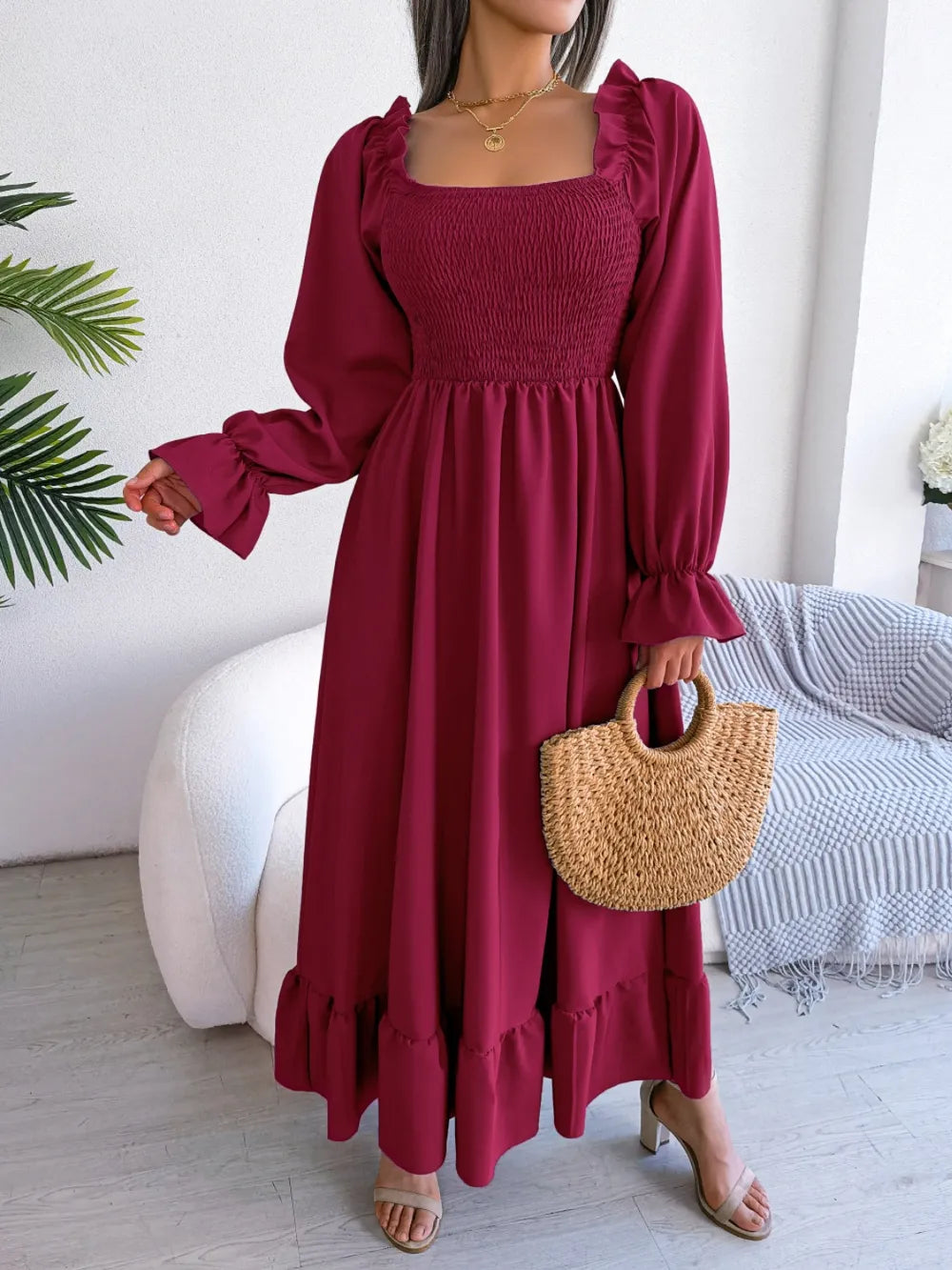 Smocked Square Neck Flounce Sleeve Dress - alternate view 12