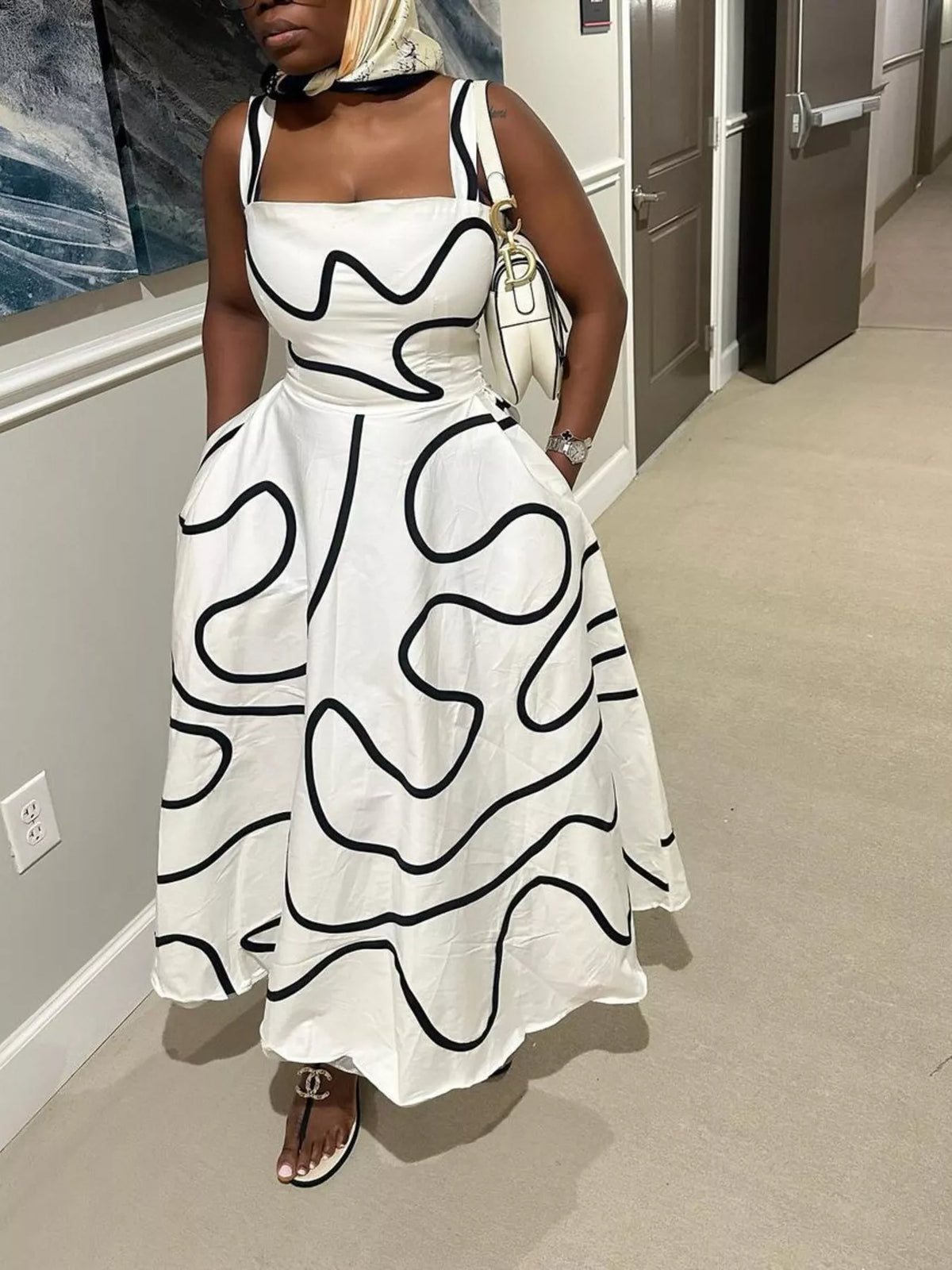 Abstract Print Square Neck Midi Dress - alternate view 2