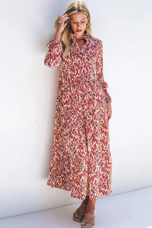 Printed Notched Long Sleeve Dress - alternate view 3