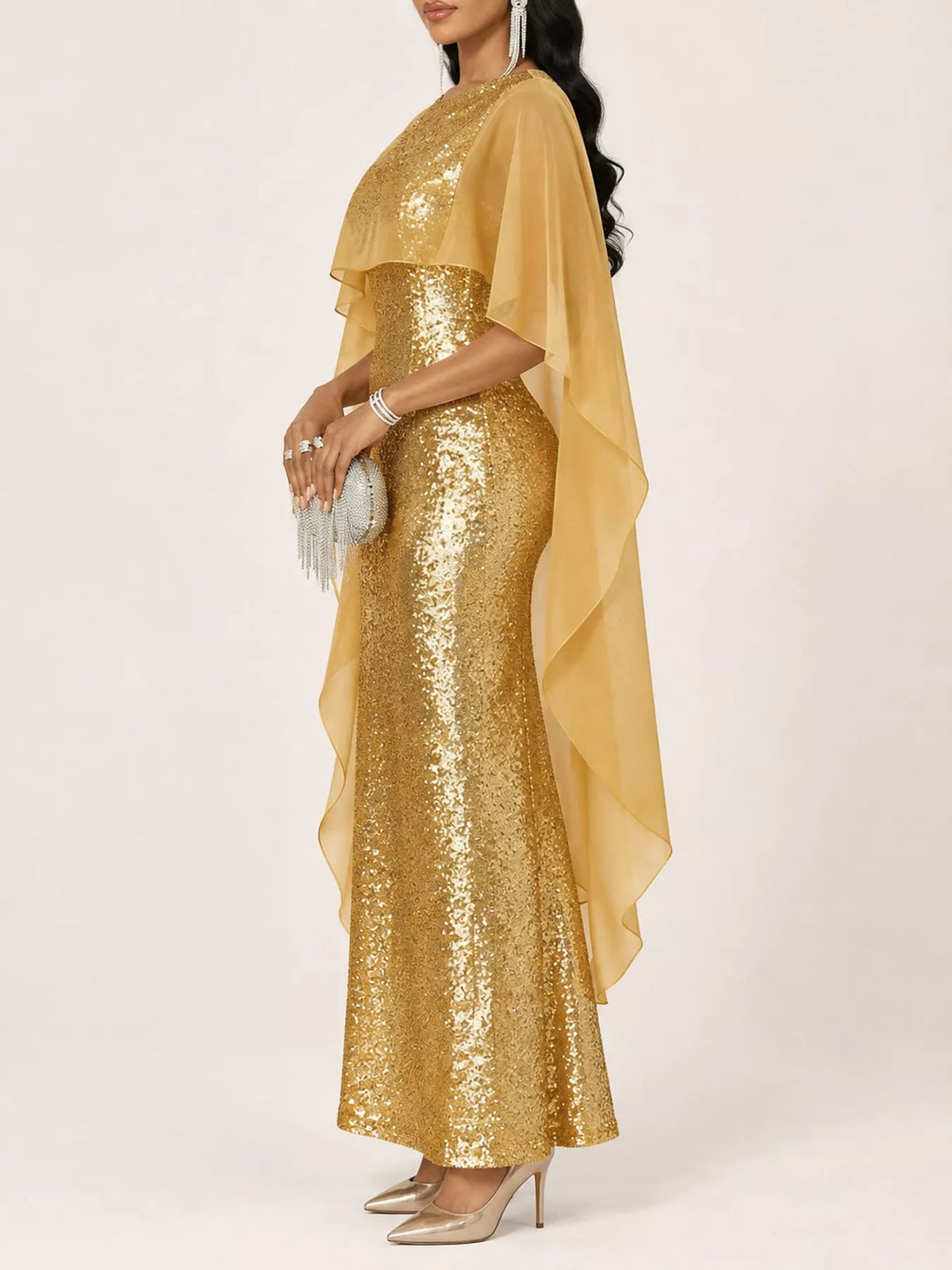 Sequin Cape Overlay Evening Dress - alternate view 20