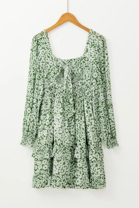 Ruffle Hem Floral Square Neck Long Sleeve Dress - alternate view 7