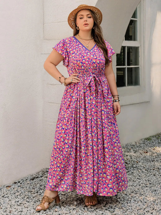 Printed V-Neck Flutter Sleeve Tie Waist Maxi Dress - alternate view 2