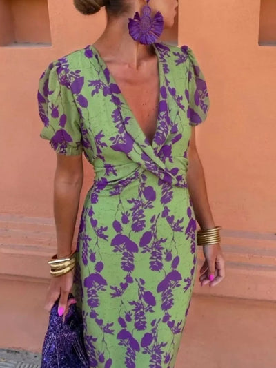 V-Neck Puff Sleeve Floral Print Dress
