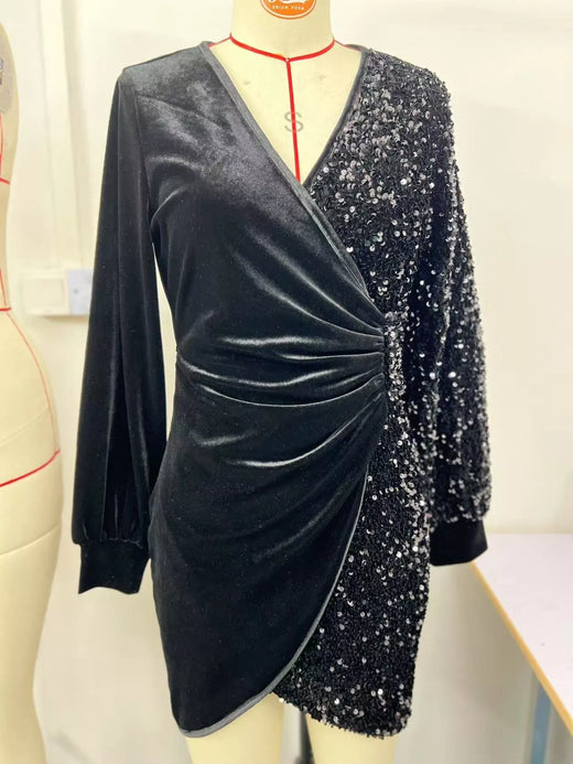 Velvet Sequin Long Sleeve Wrap Dress - alternate view 4