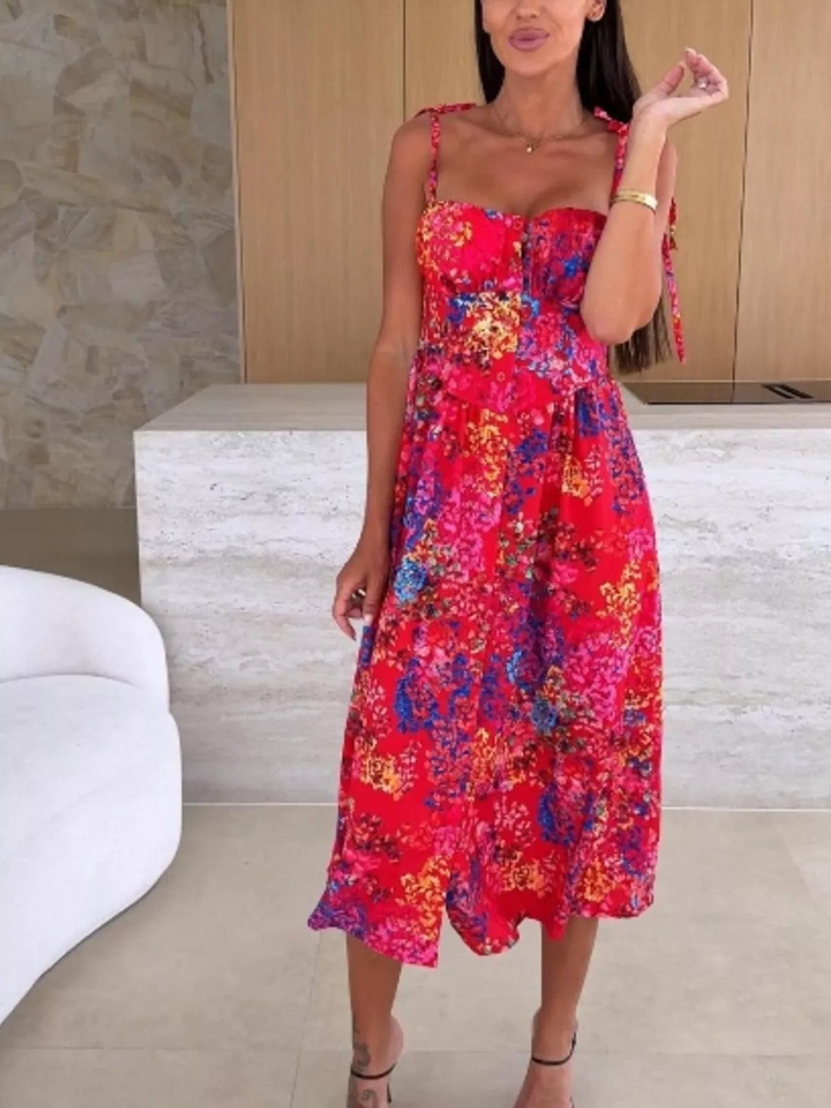 Printed Tie-Strap Midi Dress - alternate view 6