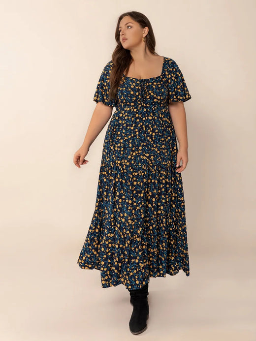 Printed Short Sleeve Slit Tiered Maxi Dress - alternate view 2