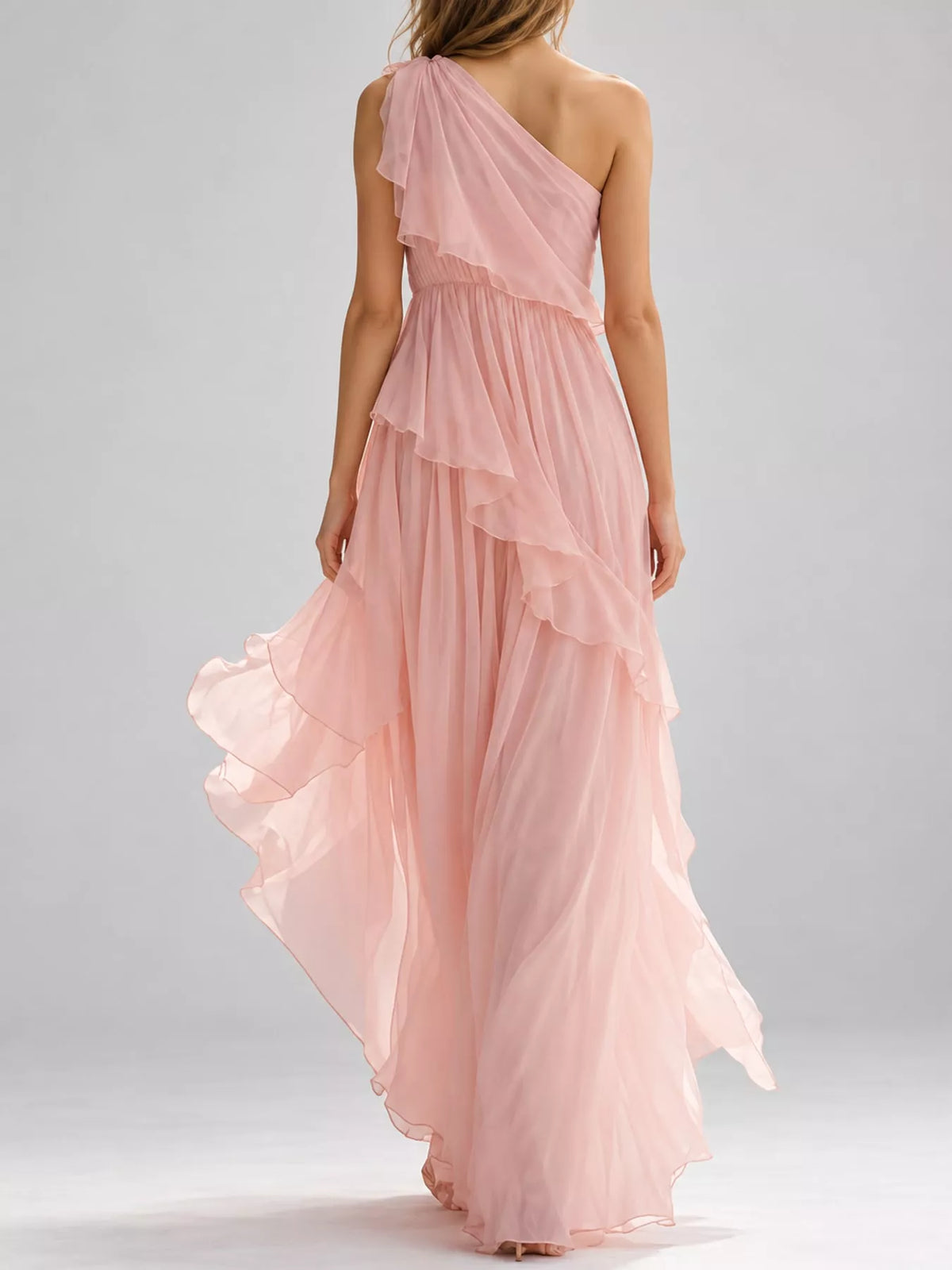 One-Shoulder Ruffled Chiffon Maxi Dress - alternate view 3