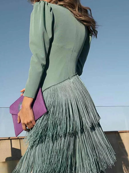Fringed V-Neck Puff Sleeve Maxi Dress - alternate view 6