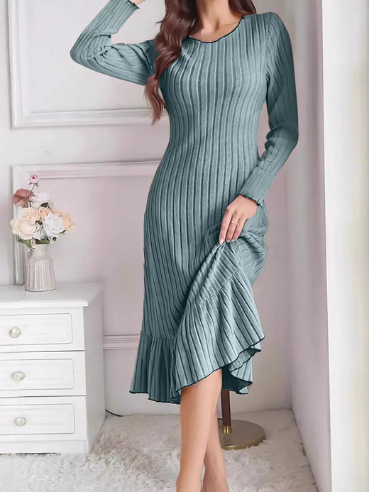 Full Size Ribbed Knit Ruffle Hem Bodycon Dress Plus Size