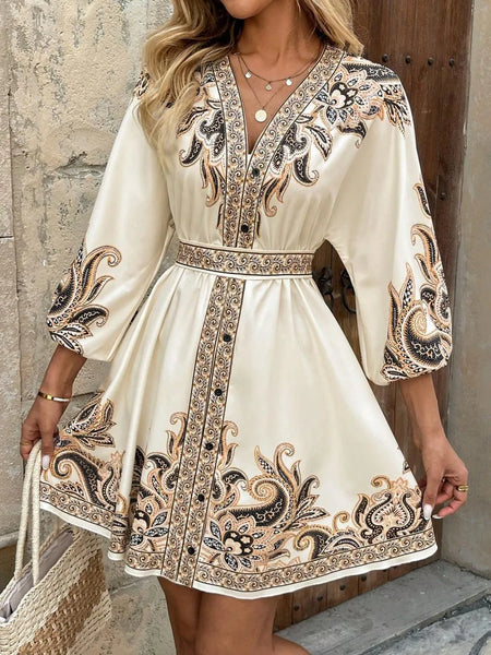 Paisley V-Neck 3/4 Sleeve Mini Dress - alternate view 6