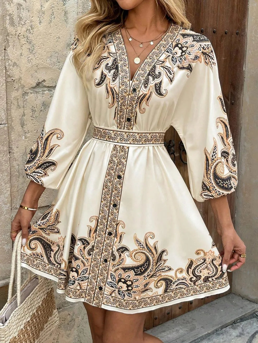Paisley V-Neck 3/4 Sleeve Mini Dress - alternate view 6