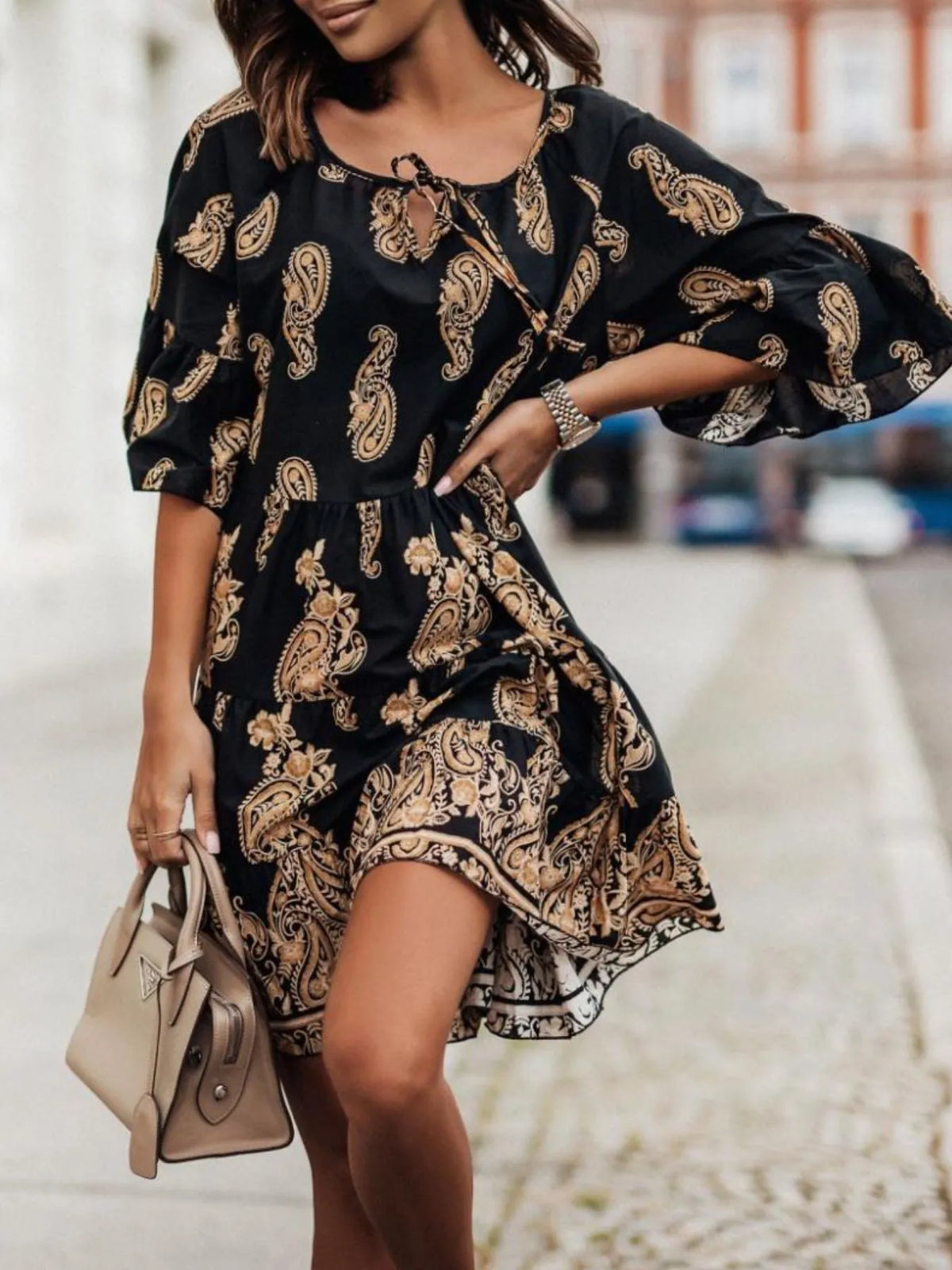 Paisley Print Tie Neck Half Sleeve Mini Dress - alternate view 3