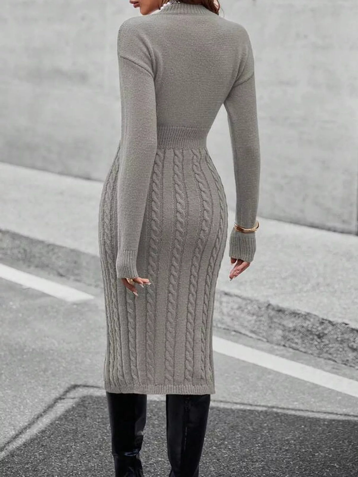 Full Size Mock Neck Cable Knit Sweater Dress with Front Slit Plus Size - alternate view 36