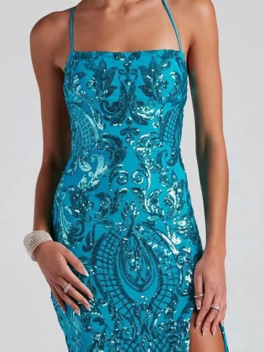 Sequin Embellished Bodycon Backless Evening Dress with Back Lace-Up - alternate view 3