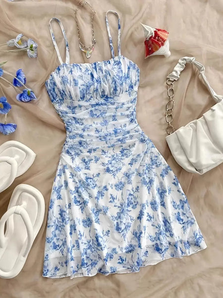 Floral Ruched Spaghetti Strap Mini Dress - alternate view 5