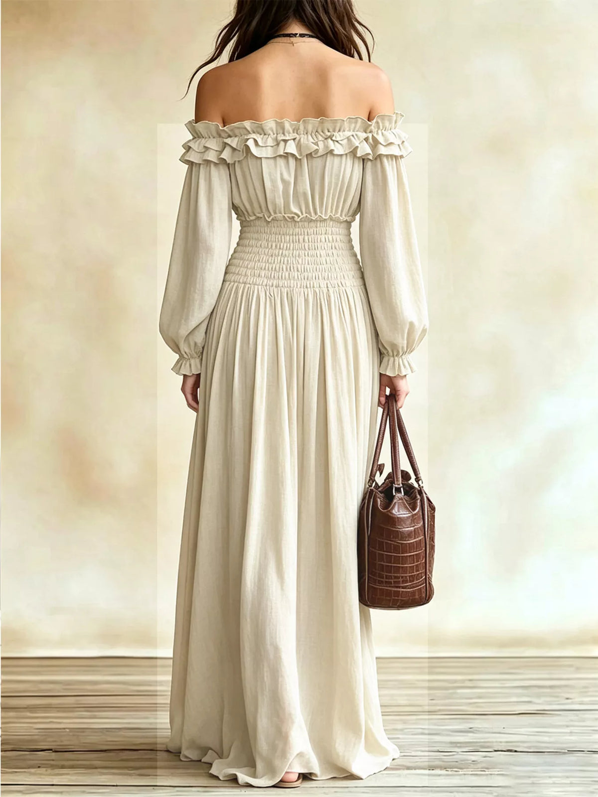Full Size Off-Shoulder Ruffled Smocked Waist Maxi Dress with Pockets Plus Size - alternate view 2