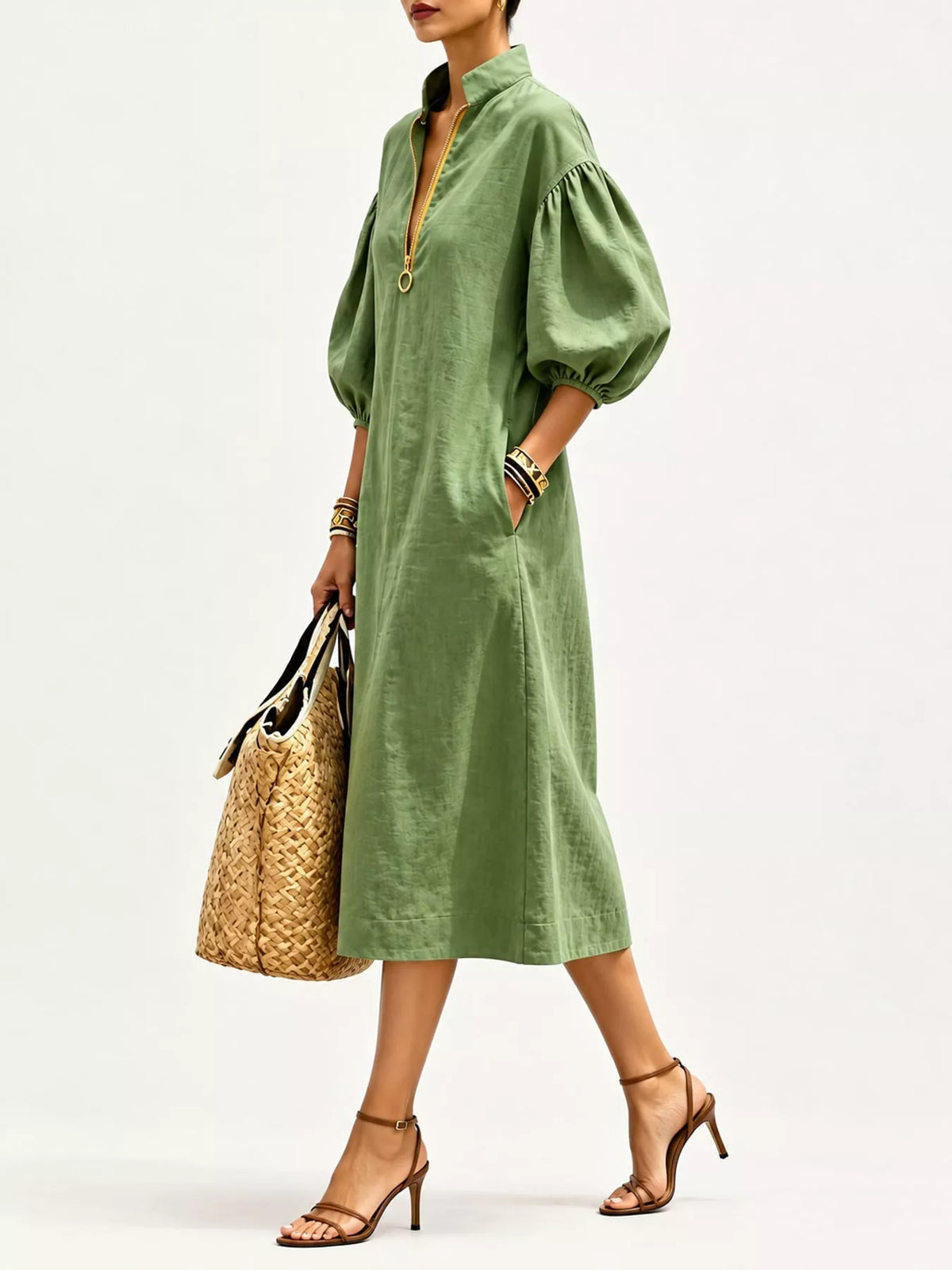 Half-Zip Puff Sleeve Midi Dress - alternate view 11