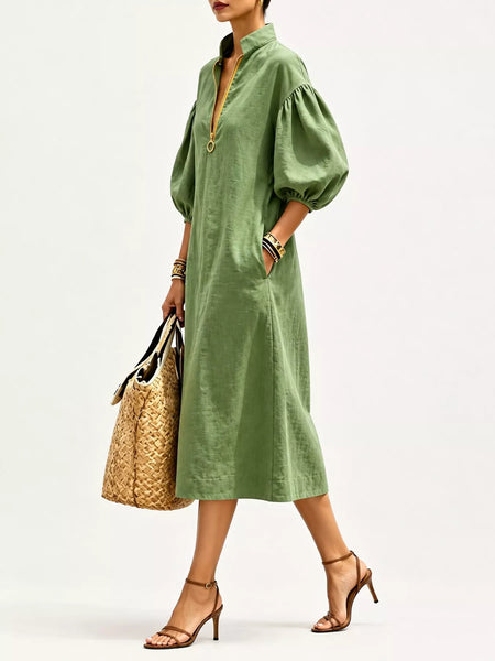 Half-Zip Puff Sleeve Midi Dress - alternate view 11