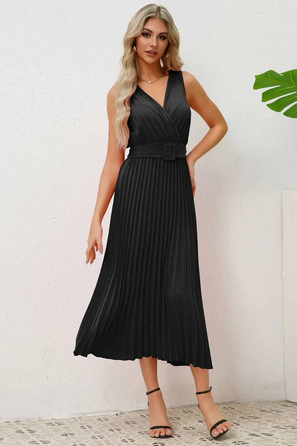 Surplice Sleeveless Midi Pleated Dress - alternate view 6