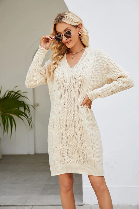 Cable-Knit Long Sleeve Sweater Dress - alternate view 4