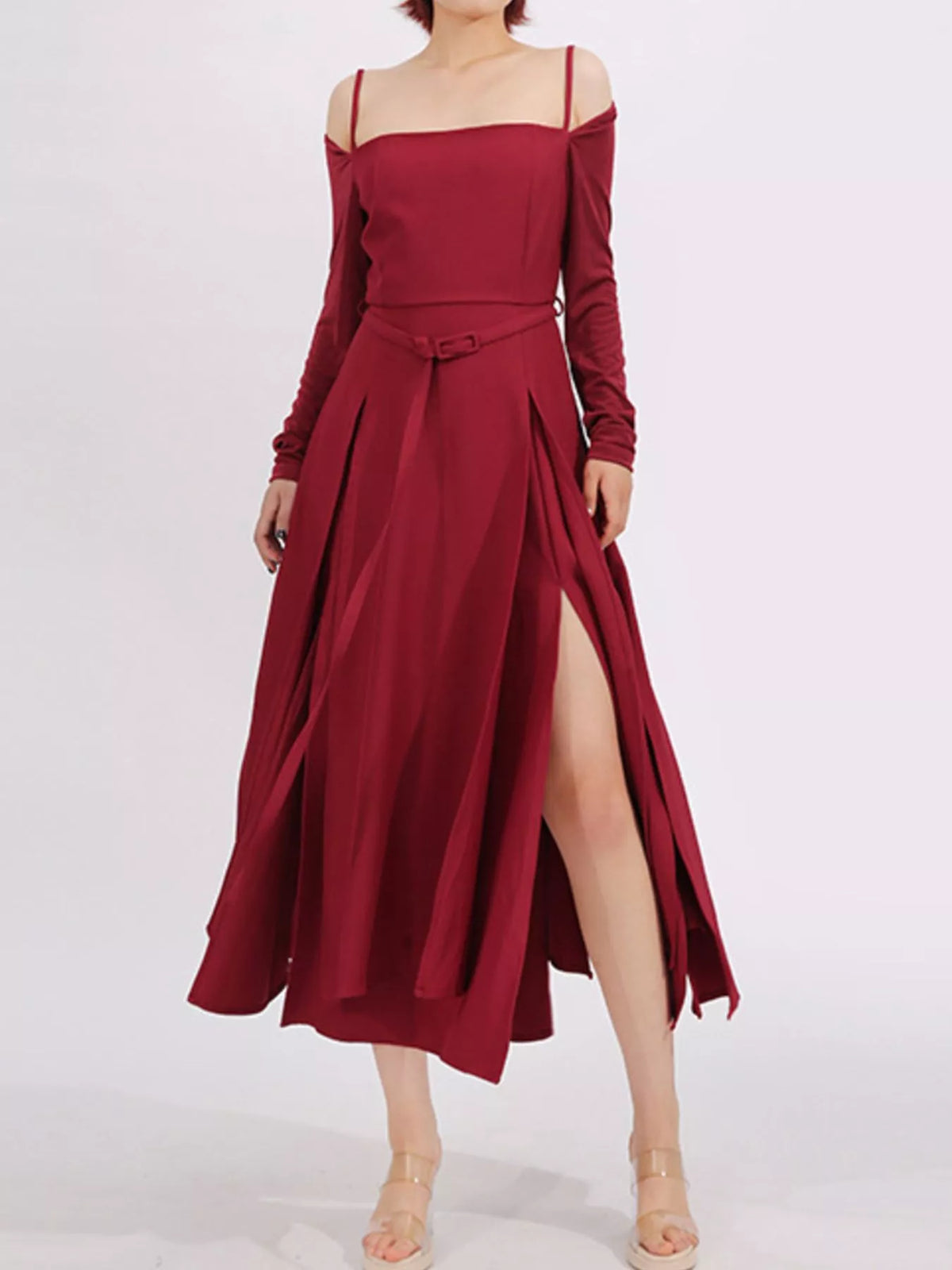 Slit Spaghetti Strap Long Sleeve Dress