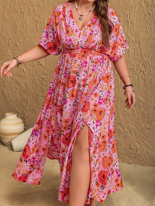 Slit Floral V-Neck Half Sleeve Maxi Dress - alternate view 2