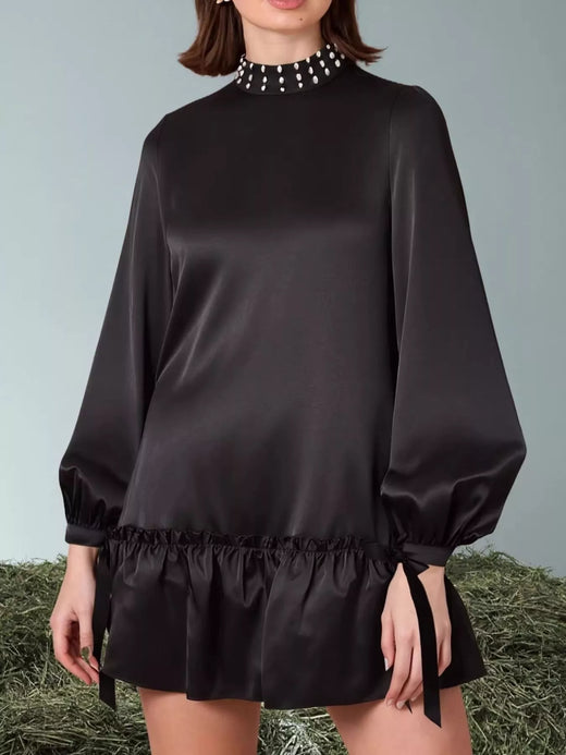 Pearl-Embellished Mock Neck Ruffle Hem Dress - alternate view 3