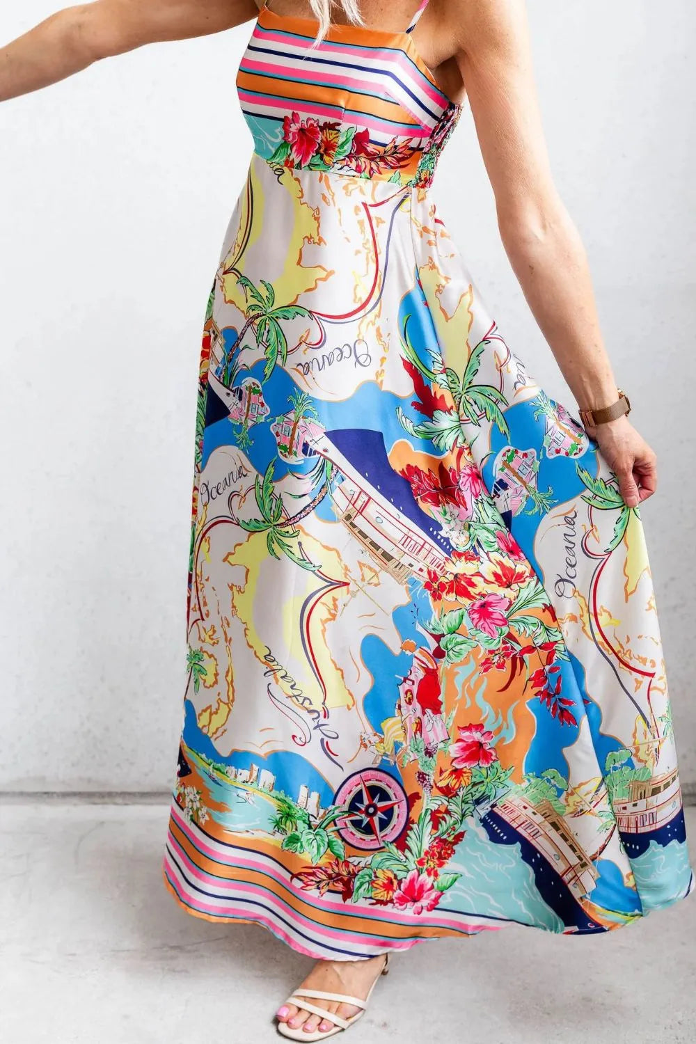 Smocked Back Printed Square Neck Maxi Cami Dress with Pockets - alternate view 4