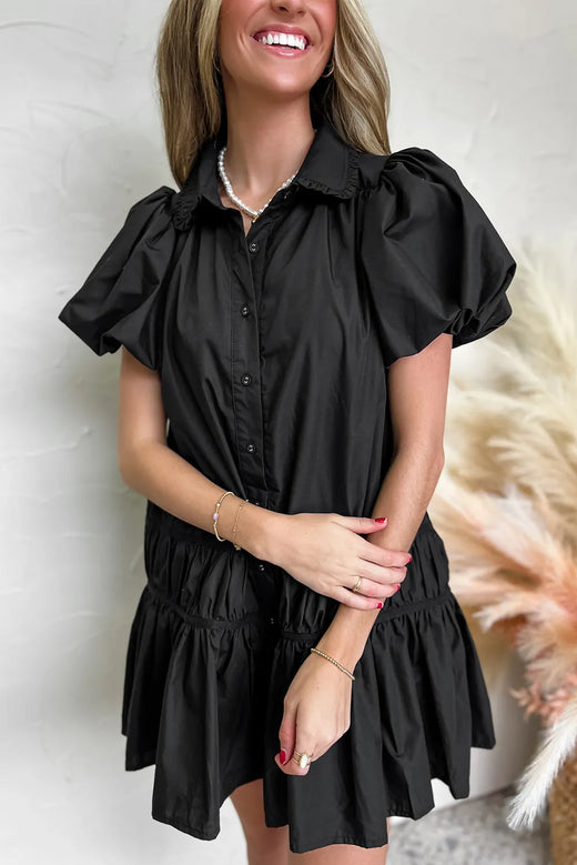 Button Down Puff Sleeve Ruffle Hem Dress - alternate view 5