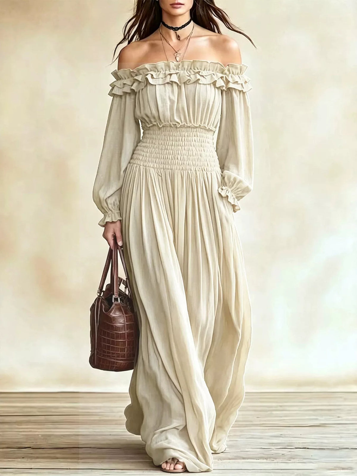 Full Size Off-Shoulder Ruffled Smocked Waist Maxi Dress with Pockets Plus Size