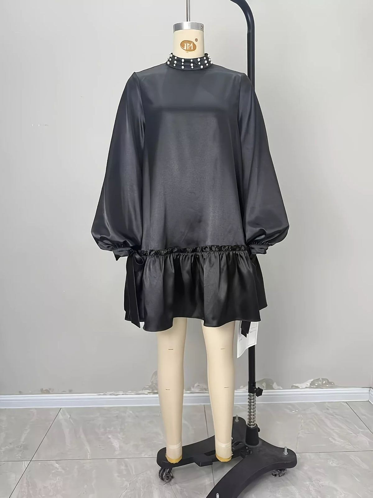 Pearl-Embellished Mock Neck Ruffle Hem Dress - alternate view 5