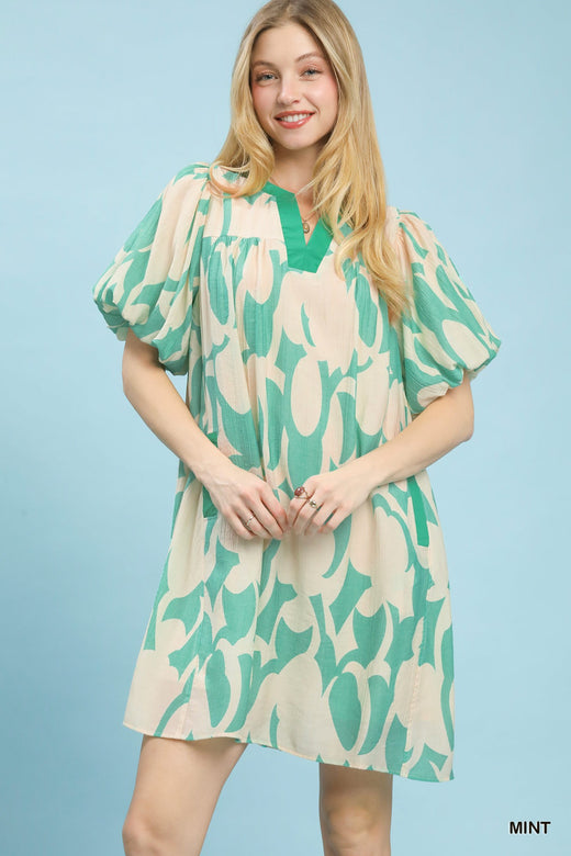 Print Puff Sleeve Shift Dress