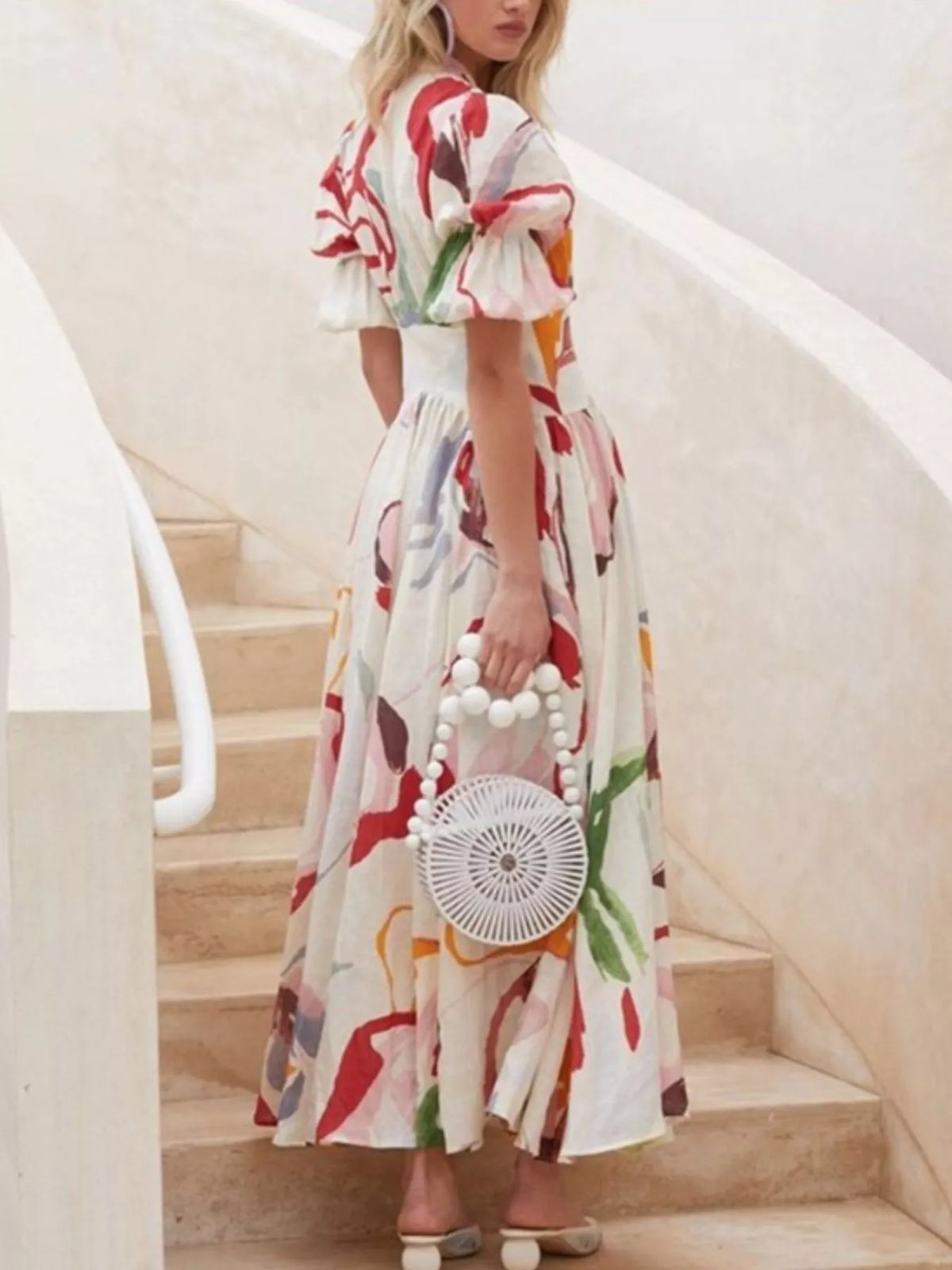 Puff Sleeve Midi Print Dress - alternate view 4