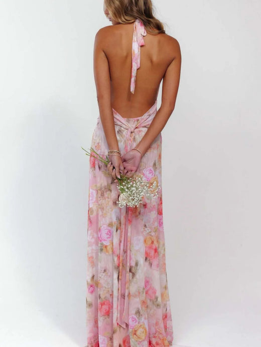 Floral Halter Neck Deep V Maxi Dress - alternate view 4