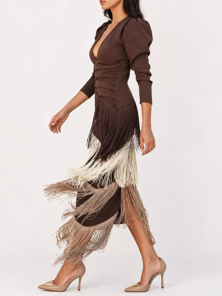 Fringed V-Neck Puff Sleeve Maxi Dress - alternate view 18