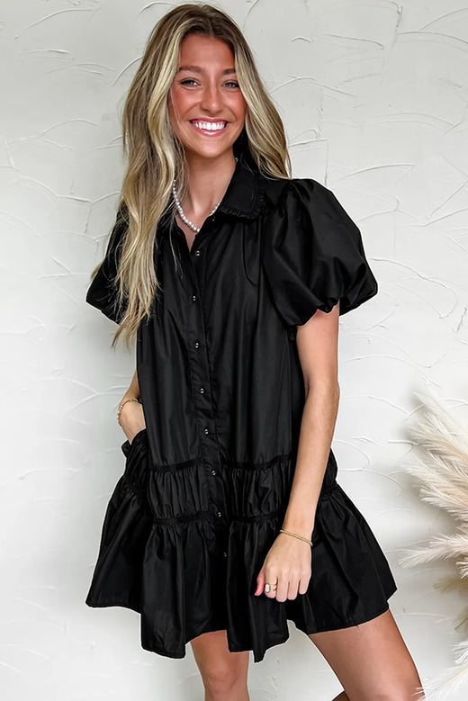 Button Down Puff Sleeve Ruffle Hem Dress - alternate view 3