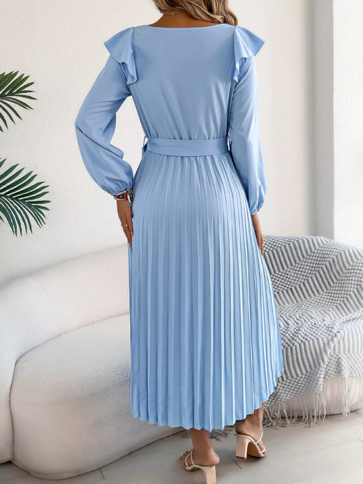 Ruffled Pleated Midi Dress with Waist Tie - alternate view 1