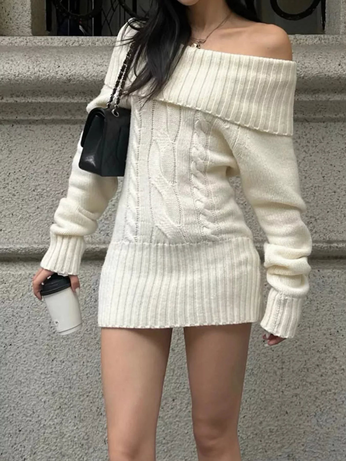 Off-Shoulder Cable Knit Sweater Dress - alternate view 2