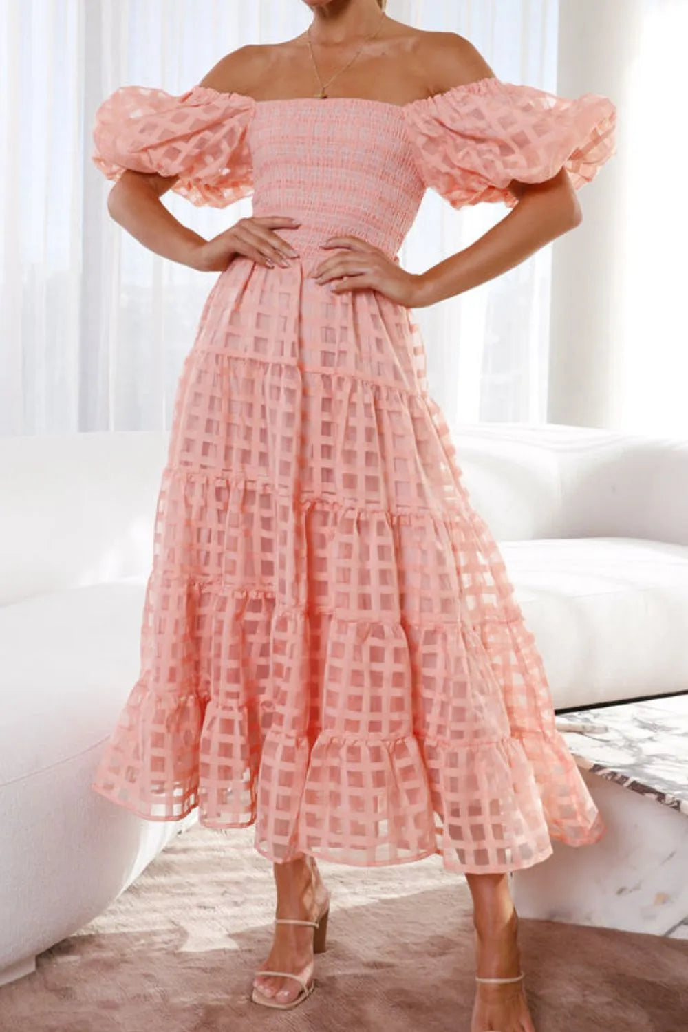 Off Shoulder Short Puff Sleeve Midi Dress - alternate view 2