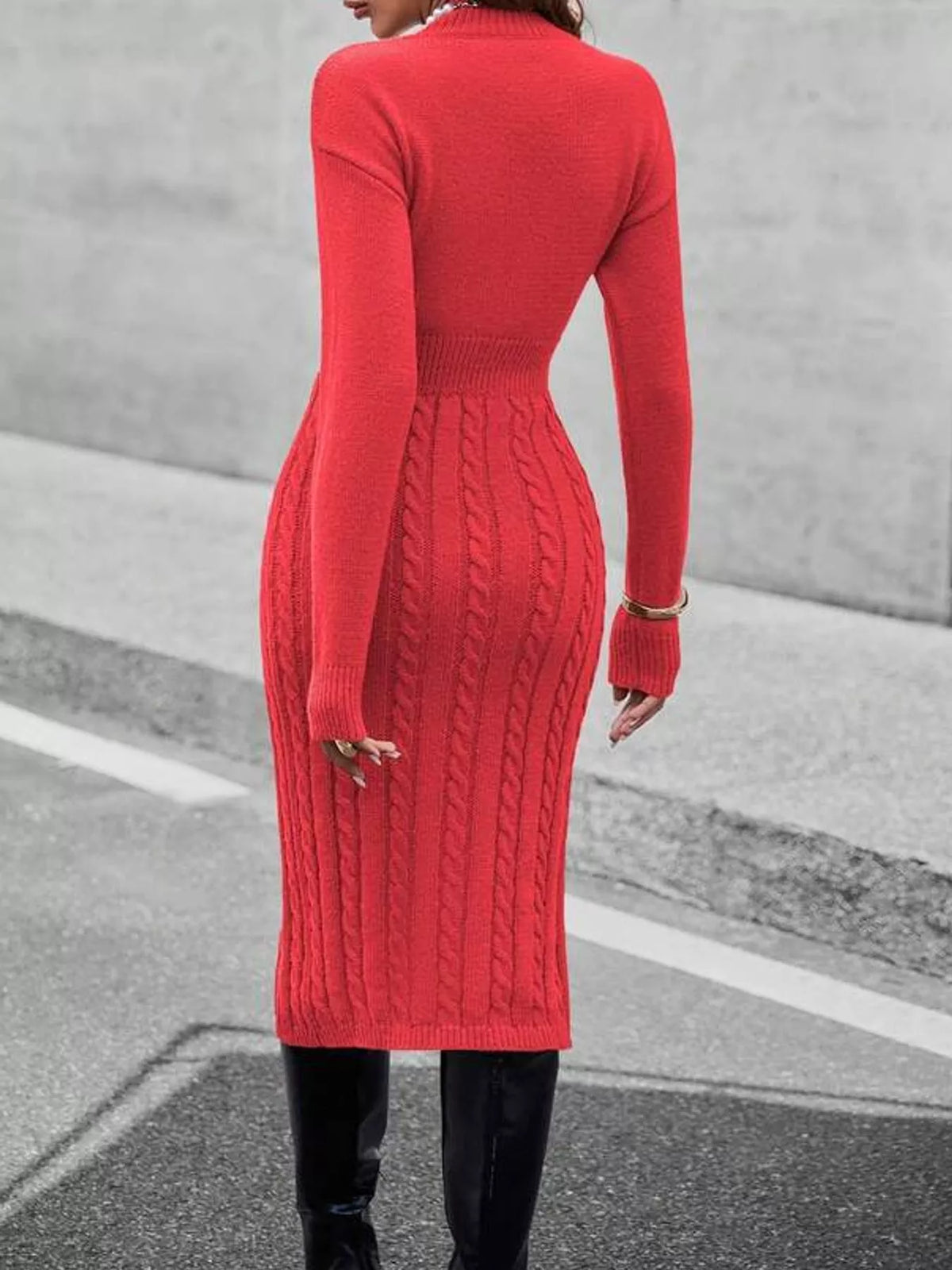 Full Size Mock Neck Cable Knit Sweater Dress with Front Slit Plus Size - alternate view 22