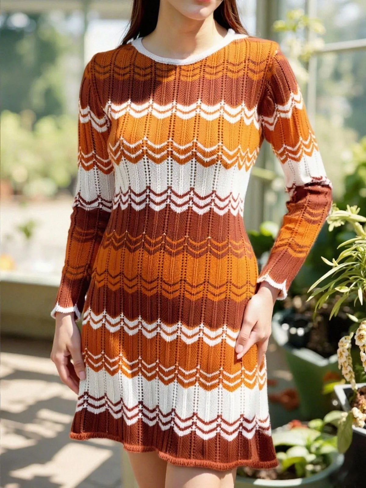 Openwork Wave Pattern Long Sleeve Sweater Dress - alternate view 10