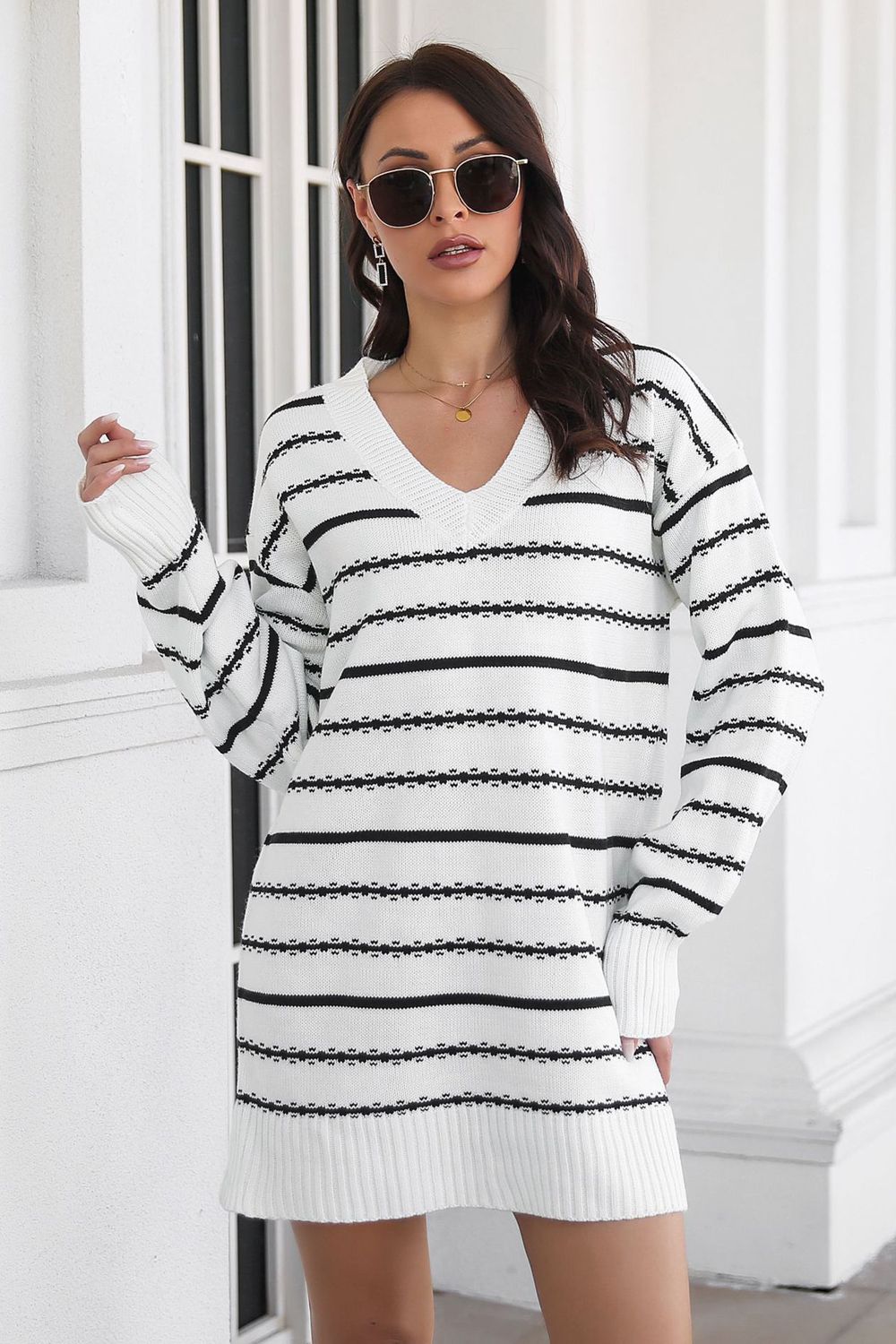 Striped V-Neck Sweater Dress - alternate view 3
